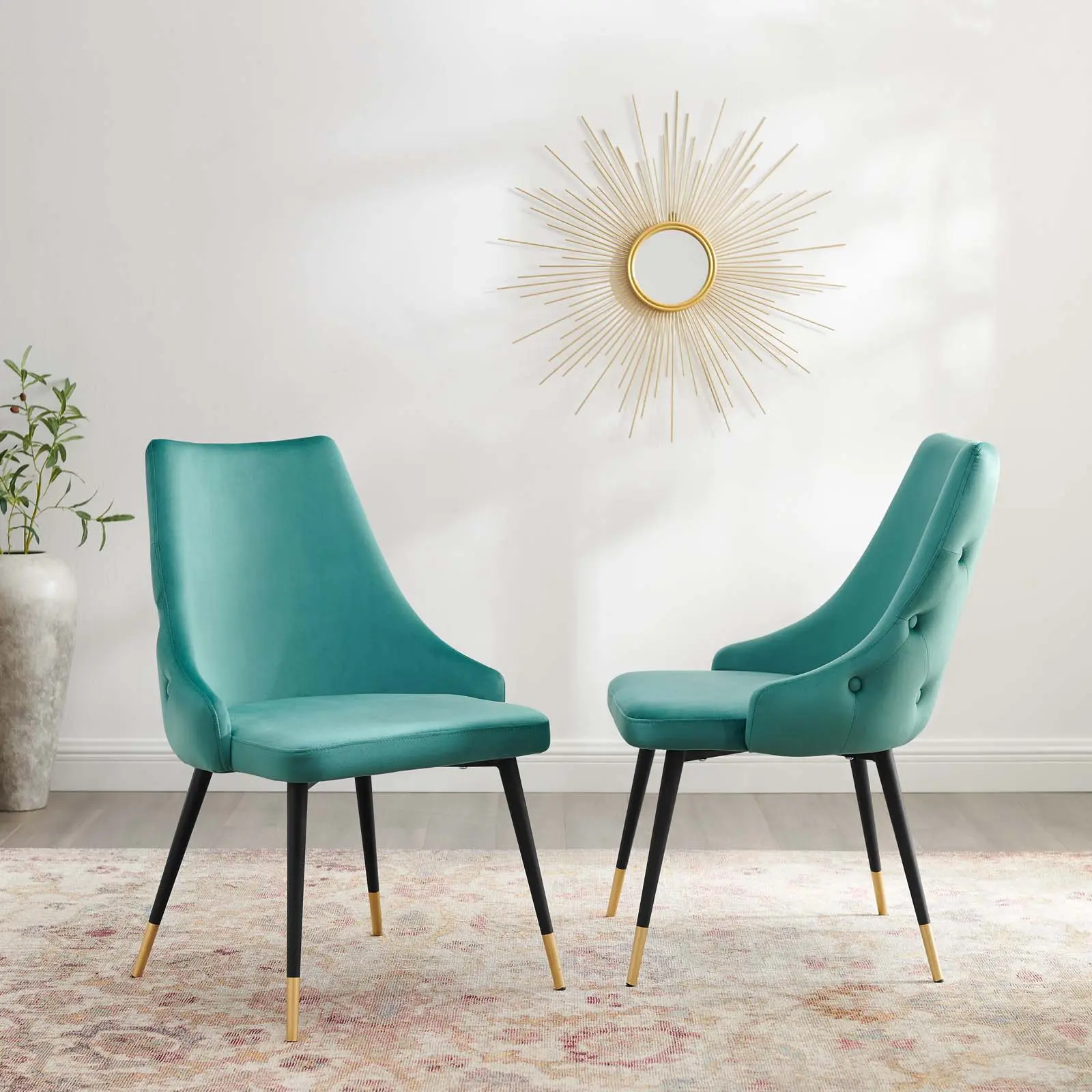 Modway Adorn Dining Side Chair Performance Velvet Set of 2 in Teal