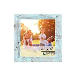 360 Stand Light Aqua Blue Rustic Farmhouse Wood Photo Frame - 4x4 in Square, 360-Degree Display Stand, Handmade Home Decor