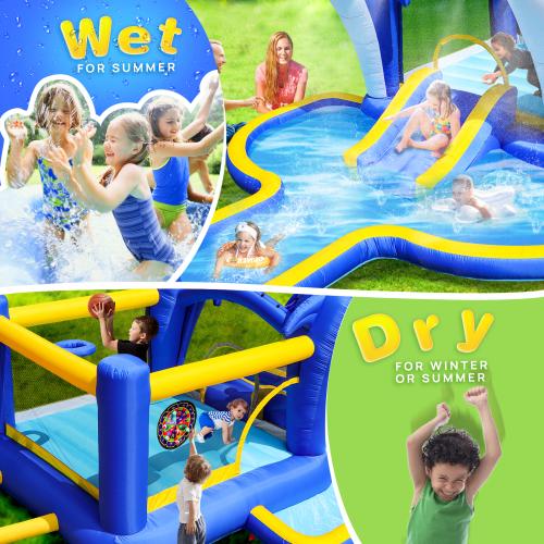 8-in-1 Inflatable Water Park with Slide, Trampoline, Dolphin Sprinkler & Target games & Water gun & Basketball