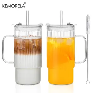 2 Counts 620ML Ribbed Glass Tumblers with Lids & Straws, Reusable Iced Coffee Cups, Dishwasher Safe Drinkware for Smoothies & Beverages, Funny Dad Tumbler