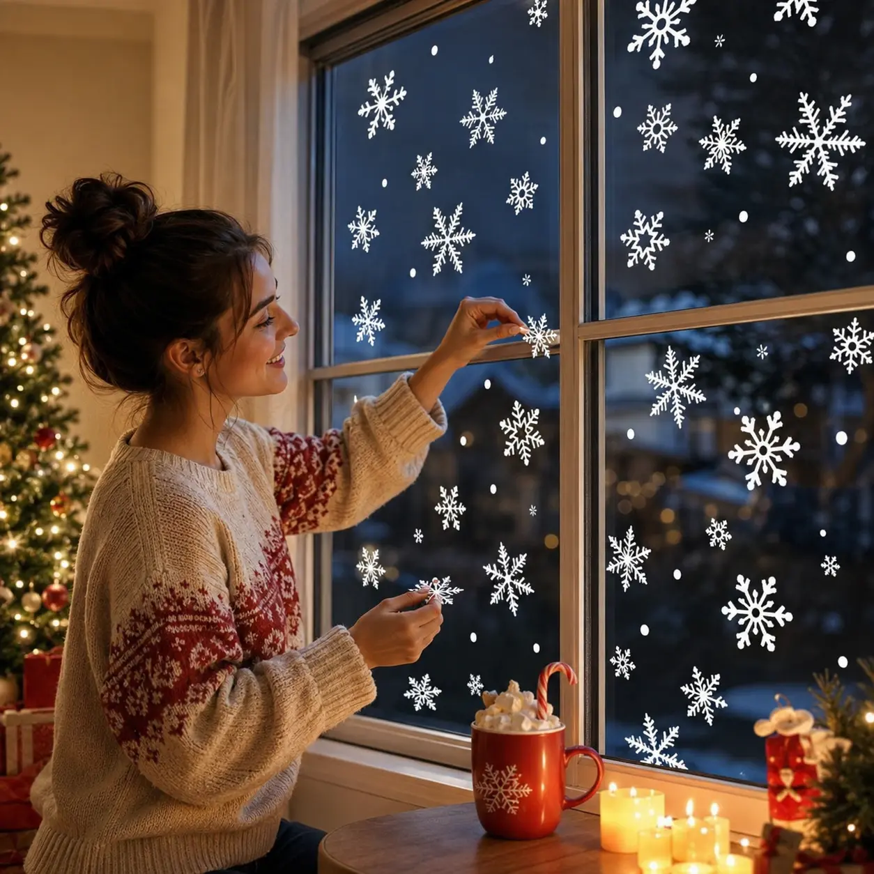 Christmas Window Stickers for Glass, Santa Reindeer Snowman & Christmas Tree Clings with Snowflakes, Large Xmas Decals for Home Classroom Storefront