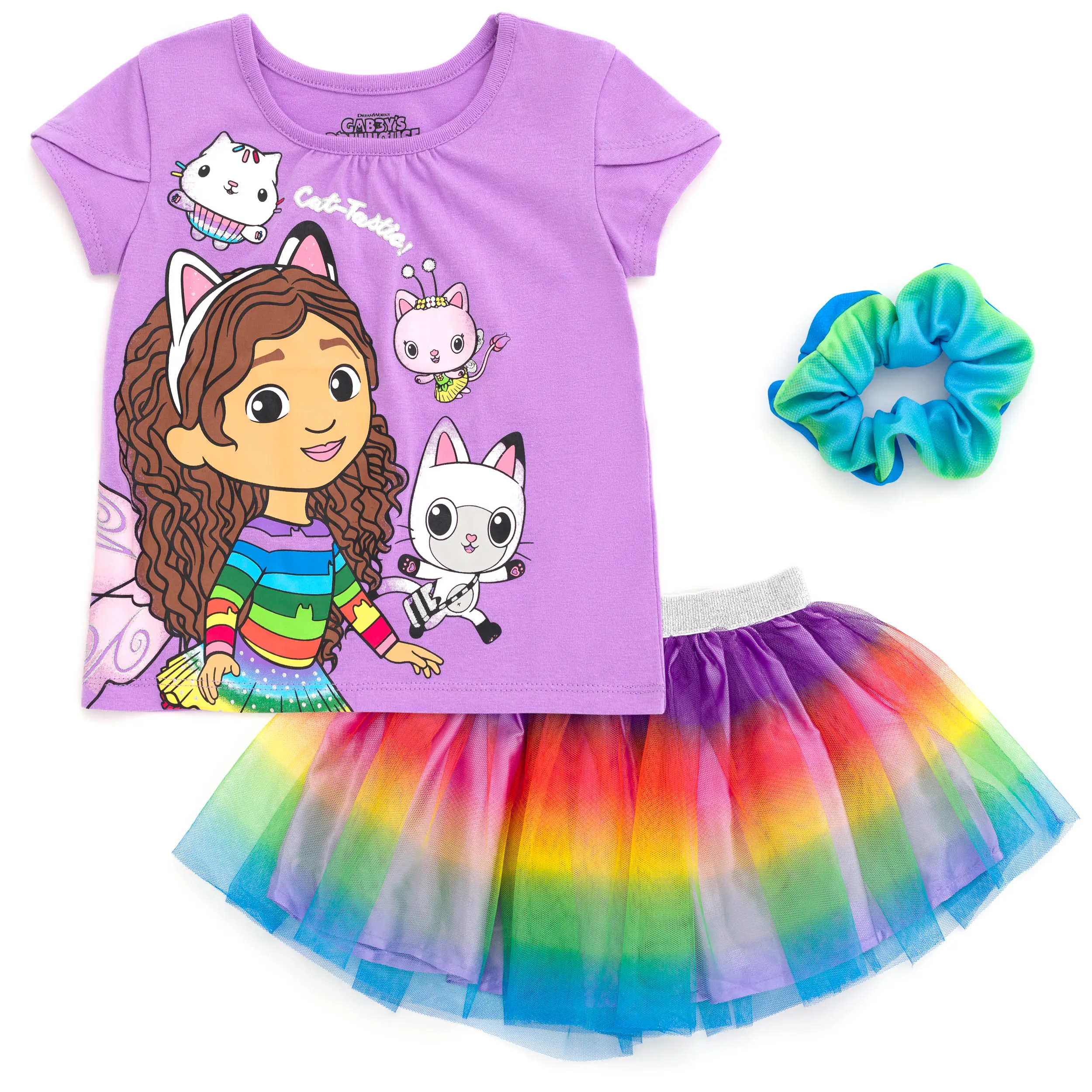 Dreamworks Gabby's Dollhouse Girls' 2-Piece Sparkly Glitter Outfit - Tulip Short-Sleeve Graphic Tee, Tulle Skirt, Scrunchie - Purple Rainbow Ombre - For Little Fans (2T to 10-11 Years), Tulip Sleeves, 3-Piece Girls' Outfit, 4 - 5 Years, 5T, Yes, 3T