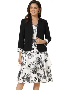 INSPIRE CHIC Dress Suit Sets 2 pcs Chiffon V Neck Floral Print Contrast Panel Blazer Jacket Dress