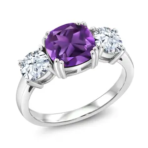 Gem Stone King 3.60 Cttw Purple Amethyst 3-Stone Engagement Ring For Women | 925 Sterling Silver | Gemstone Birthstone | Cushion 8MM | Three Stone Wedding Engagement Anniversary Ring
