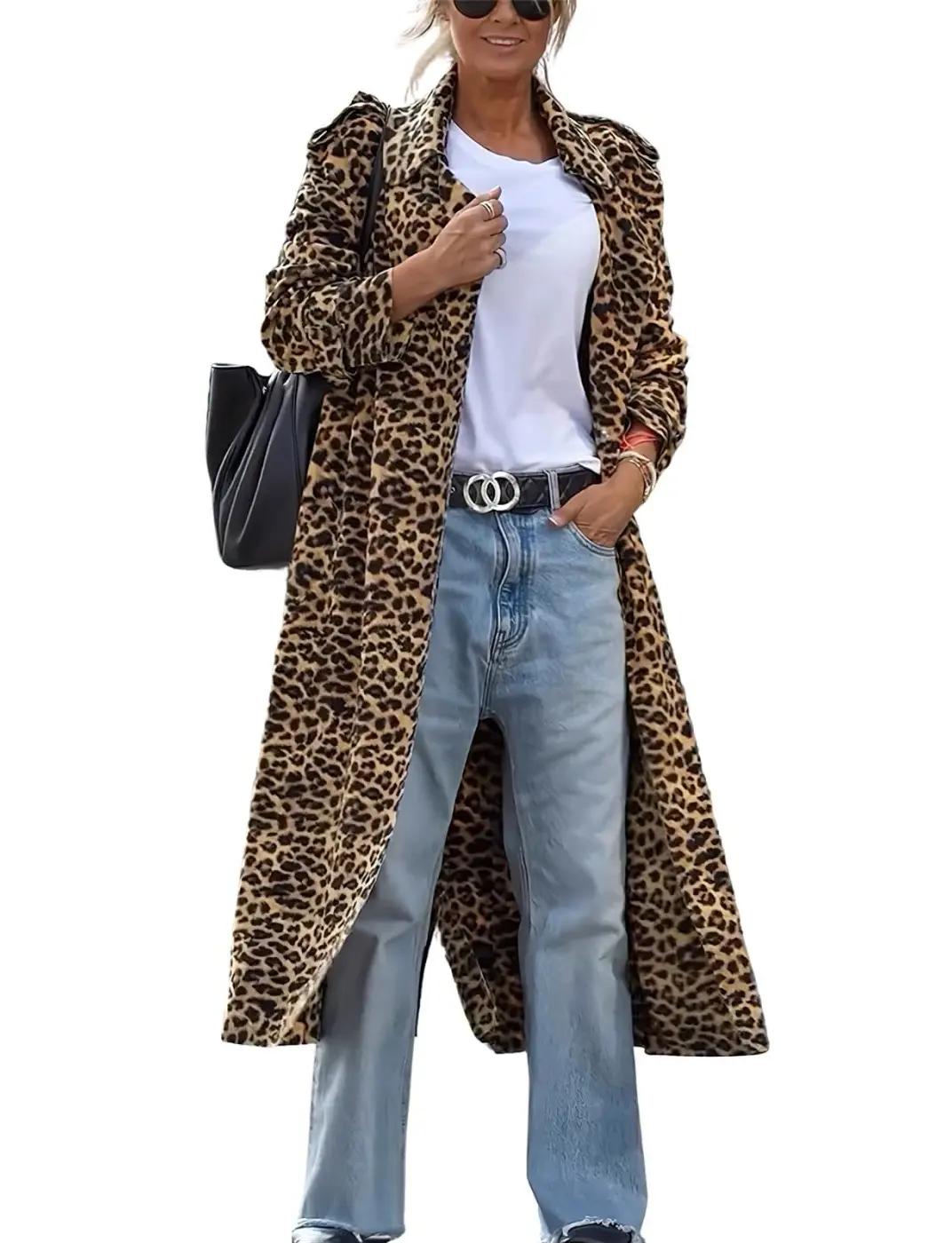 Ebossy Women's Notch Lapel Leopard Print Duster Trench Coat Open Front Loose Faux Suede Mid Long Pea Coat