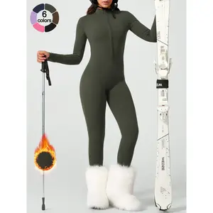 Women’s sporty tight-fit long-sleeve workout jumpsuit, plain pattern, fleece-lined, half-zip design, for fall and winter yoga/gym