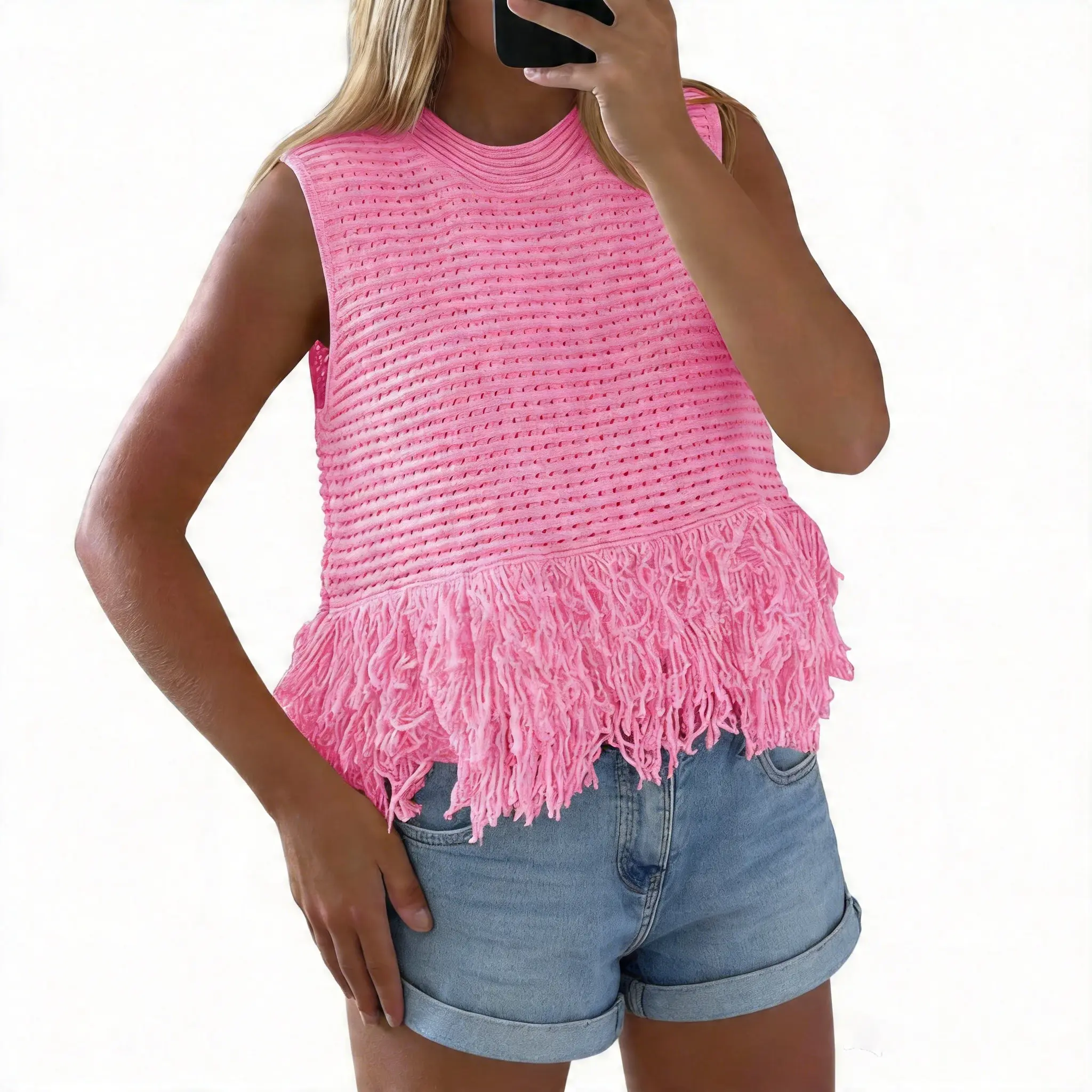 Yimoon Women Crochet Crop Tank Top Sleeveless Fringe Crew Neck Boho Knit Summer Beach Sweater Vest
