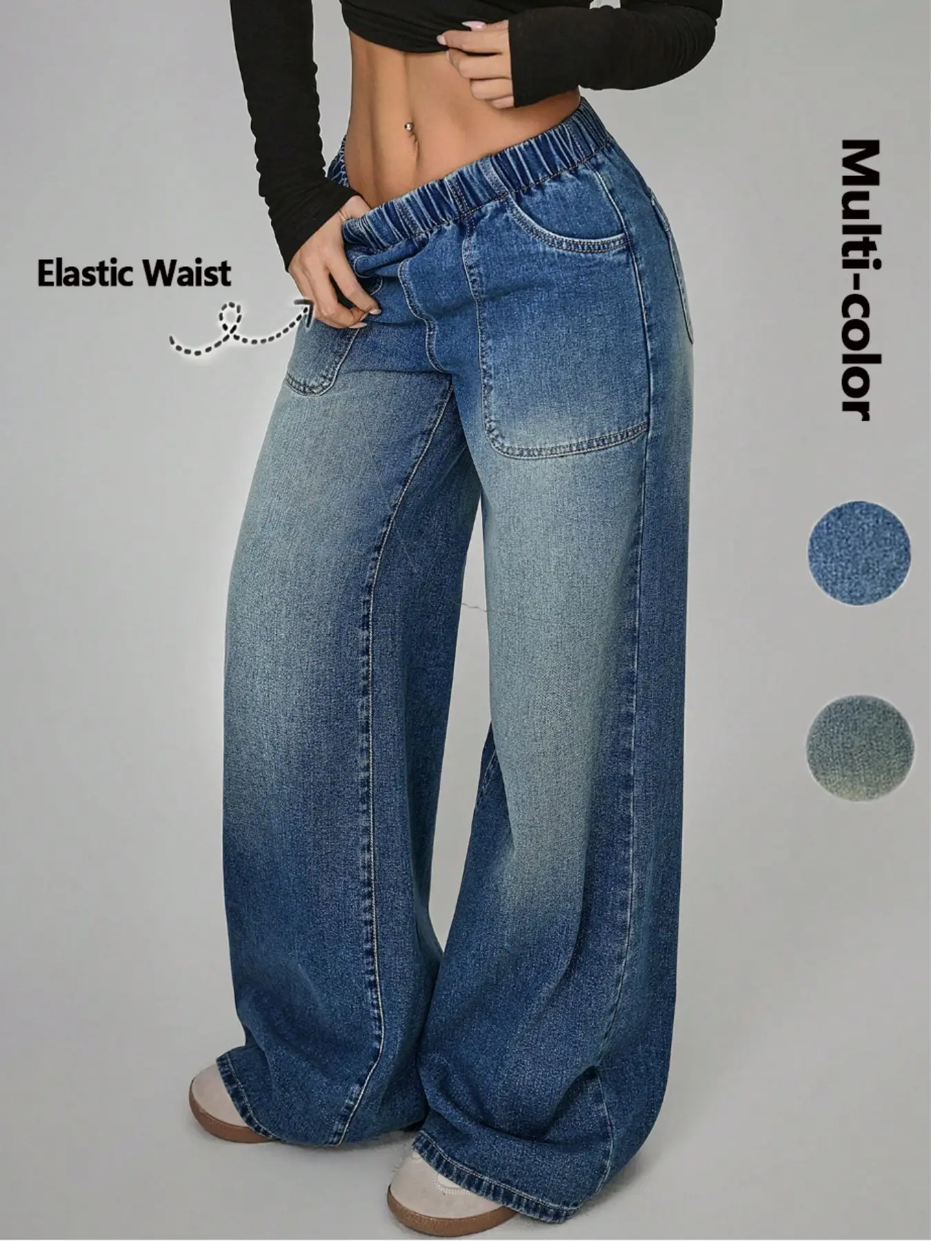 Women's Jean Long Pants, Denim, Elastic Waistband, Adjustable, Wide Leg, Baggy, Oversized, Fit, Multiple Colors Available, Pockets, Y2K Vintage Fashion, Streetwear, Suitable for All Seasons, Womenswear, Bottoms