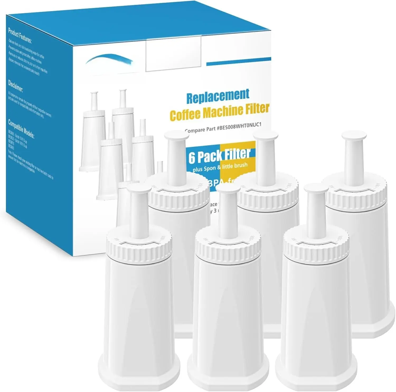 6 Pack Upgrade Water Filters Compatible with Breville BES880 Barista Touch, BES990 BES980 Oracle Touch and BES878 BES920 Bambino ClaroSwiss Sage Espresso coffee Machine, #BES008WHT0NUC1