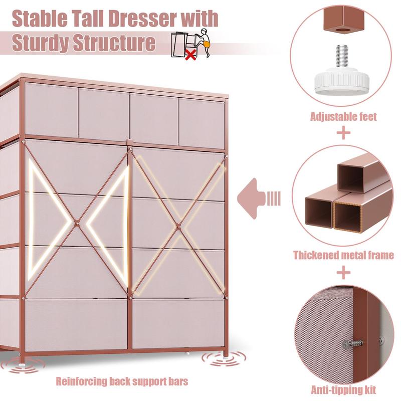 RaybeeFurniture Pink Dresser for Bedroom with 12 Drawers, Sturdy Metal Frame and Wooden Top, for Bedroom, Closet present  cabinets