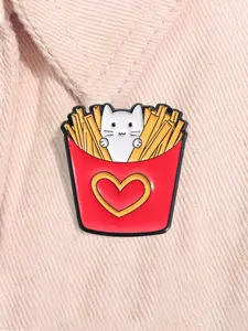 Cartoon White Cat Animal Enamel Pin Delicious French Fries Food Metal Brooch Lapel Backpack Badge Fashion Jewelry Accessories Men Accessories Gift for Friends Fashion Accessory