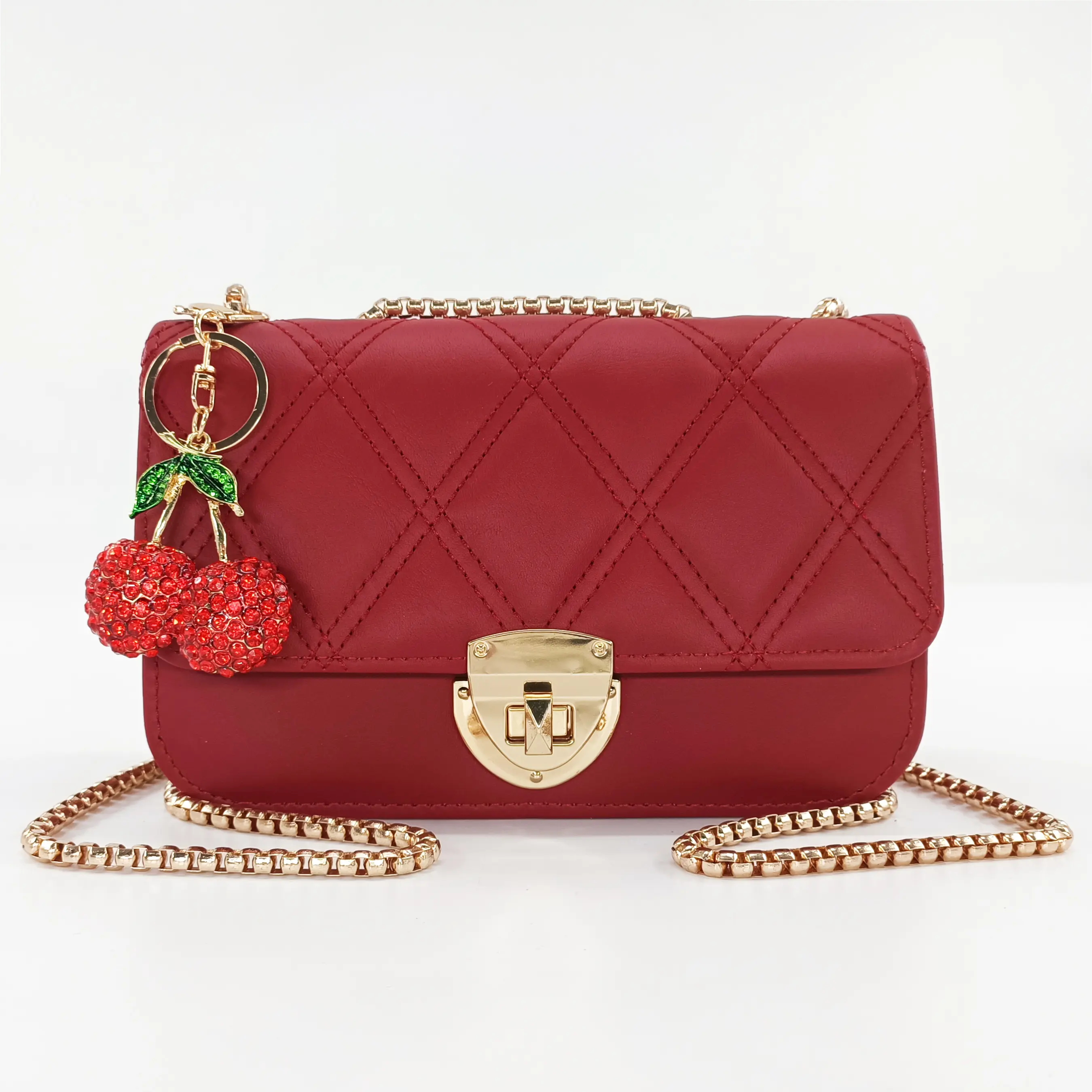 Women's Mini Cute Crossbody Purse - Elegant Quilted Stitch, Glossy Sparkling Cherry Charm with Leaf Accent, Fashionable Purse, Valentine Gift Fit, Romantic Women's Crossbody & Shoulder Bag for Birthday Gifting