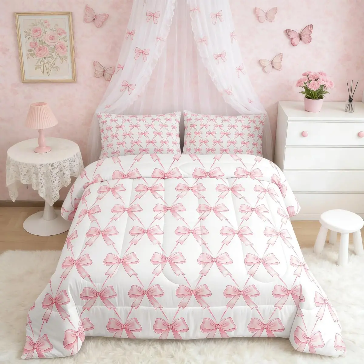 Feelyou Queen Comforter Set - Microfiber Bedding Set with Pink Bowknot & Striped Print, Ultra-Soft Breathable Blanket, Machine-Washable for Women’s Bedroom Decor