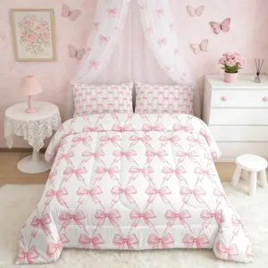 Feelyou Pink Bow Microfiber Bedding Set - Ultra Soft, Breathable Kawaii Comforter Queen Size with Bowknot & Stripes, Breathable Soft Blanket for Women’s Bedroom Decor