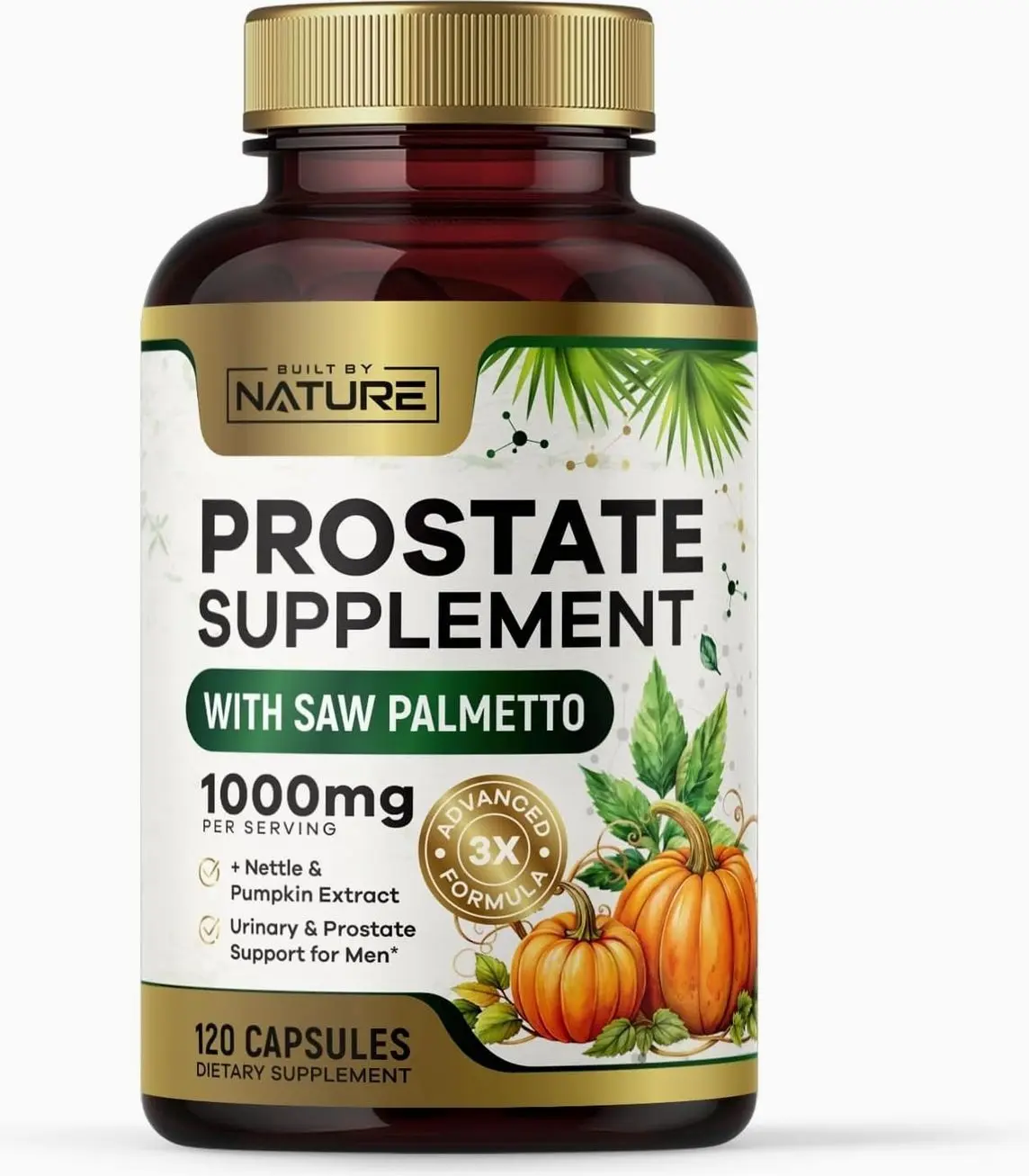 Built by Nature Prostate Supplement with Saw Palmetto - Advanced 3X Formula + Stinging Nettle and Pumpkin Seed Extract – Urinary and Prostate Health Support for Men - 120 Capsules