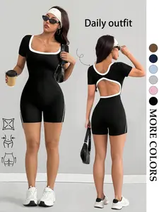 Women's Colorblock Square Neck Backless Jumpsuit, Tight Fitting Jumpsuit, Stretchy Jumpsuit, High Stretch Waist Cinch Butt Lift, Workout Fitness Jumpsuit, Yoga Fitness Daily Wear, Activewear Jumpsuit, Sport Cycling Shorts
