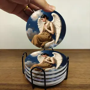 6-piece ceramic coaster set, featuring a design of a contemplative angel woman in the clouds. Heat-resistant, non-slip coasters with holders, perfect for home, dining, and as beverage mats.
