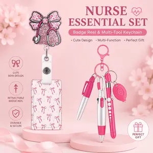 Pink stethoscope and bow badge clip set, bow print cards, fluorescent ballpoint pen holder, transparent card clip, cute design for attaching to ID badges/cards; suitable for office, nurses, doctors, and office supplies.