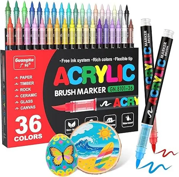 36-Pack Acrylic Marker Set with Free Ink System, Acrylic Markers with Rich Colors, Flexible Tip, Quick-Dry Waterproof Multi-Surface Art Supplies for Rock Painting, DIY Crafts (Office Stationery)