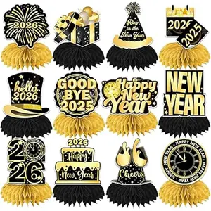 New Years Decorations 2026 – 12 PCS Happy New Year Honeycomb Centerpieces, Black & Gold 3D Double-Sided Table Decorations for New Years Eve Party, Home, Office & Countdown Celebration, Christmas gifts, home décor, new years gifts