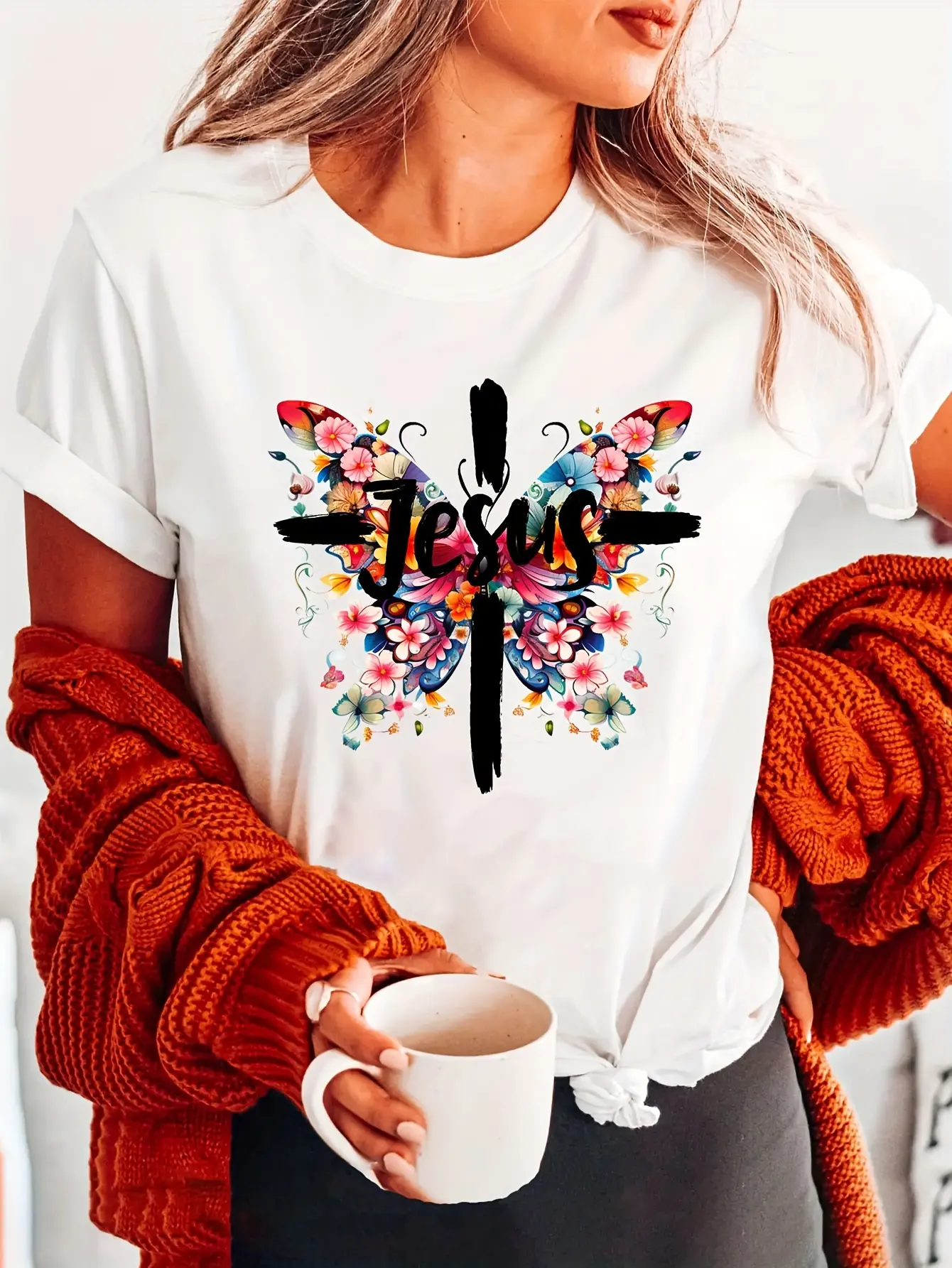 Women's Oversized Butterfly Floral Graphic Cotton Fabric Short-Sleeve T-Shirt, Unisex Black White Crew Neck Casual Apparel for Spring Summer Aesthetic Everyday Wear, Shortsleeve, Printed