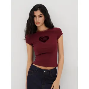 Cider Women's Cotton-Blend Top, Bowknot Detail, Heart Lace Trim, Ruched T-Shirt SummerWins Dealsforyou