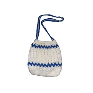 Crochet Handbag with Blue and White Pattern and Adjustable Strap