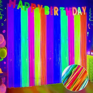 2pcs Multi-Color Glow in the Dark Foil Fringe Curtain, Fluorescent Macaron Streamers, Neon Birthday Party Decor, Photo Booth Backdrop, Happy Birthday