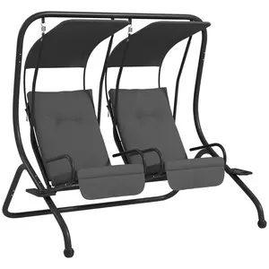 Outsunny 2-Separate-Seat Patio Swing Chair, Patio Outdoor Furniture with Removable Canopy and Cup Holders for Porch, Garden