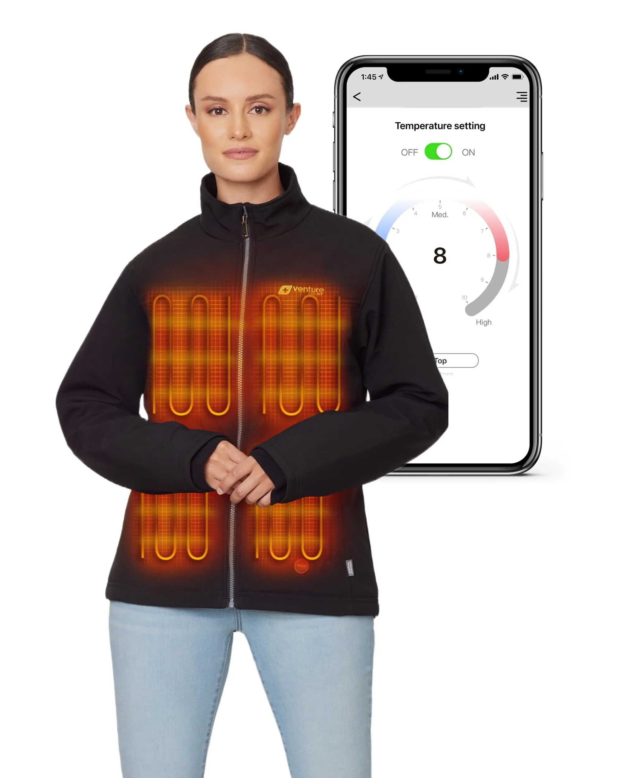 Women's Heated Jacket with Battery Pack Included - App Control Soft Shell Coat with Hand Warmers 7.4V