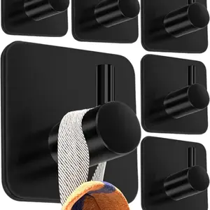 Adhesive Towel Hooks,Black Adhesive Hook,6 Pack of Adhesive Wall Hooks,Waterproof Bathroom Towel Holder,Stainless Steel Stick on Hooks for Robe