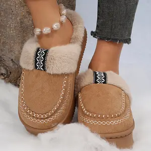 Trendy Thick Sole Mule Slippers for Women Plush Lined Stitched Trim Casual Footwear Indoor Outdoor Shoes