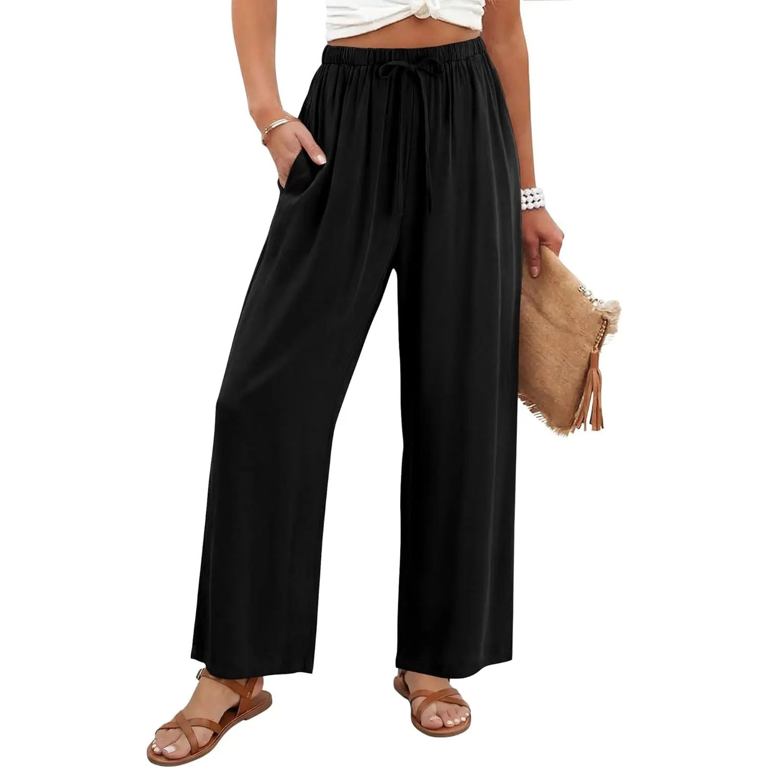 Women Cotton Summer Palazzo Pants Flowy Wide Leg Beach Trousers with Pockets Fashion Clothing Women Cotton Summer Palazzo Pants Flowy Wide Leg Beach Trousers with Pockets Fashion Clothing