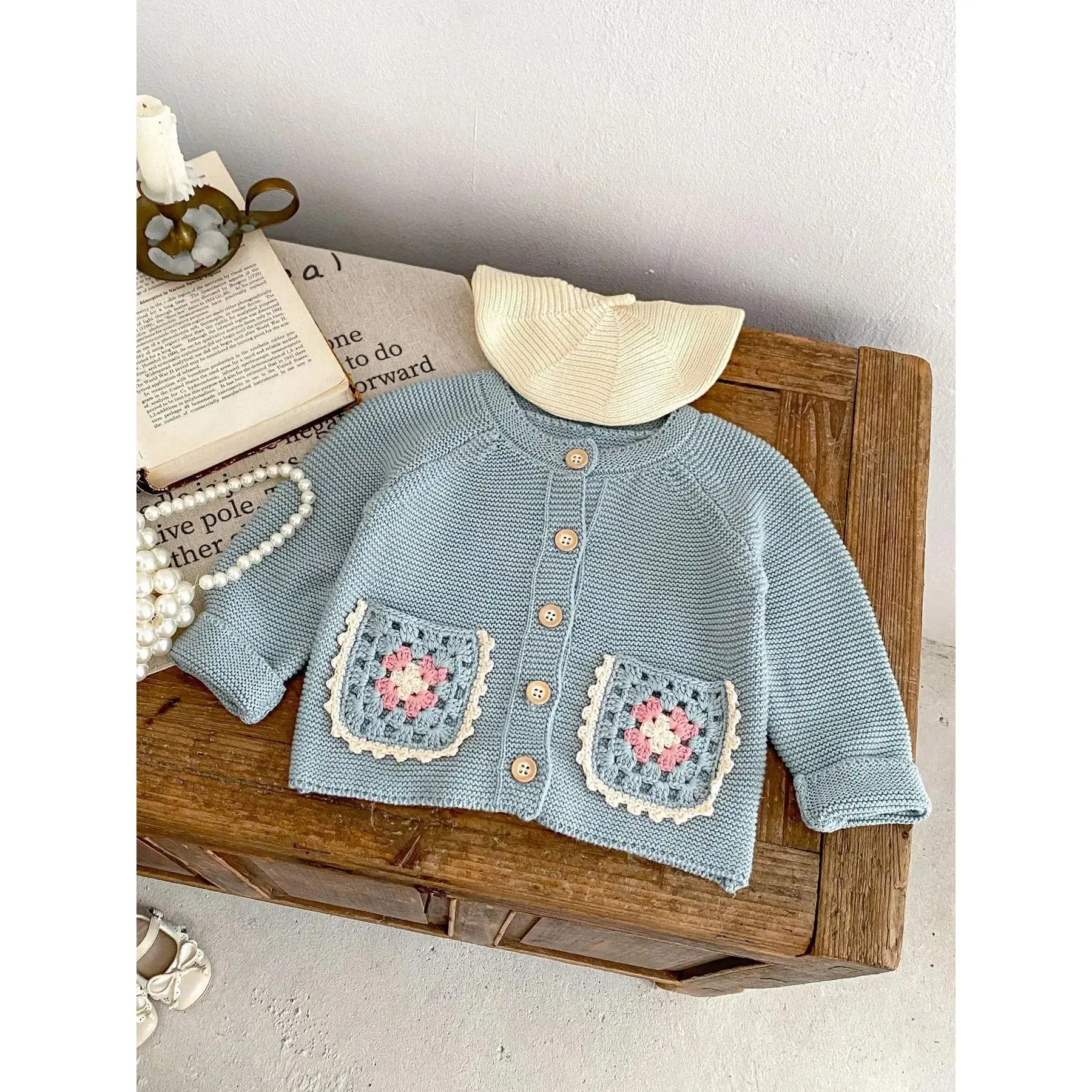 Spring & Fall Baby Sweater Cardigan, Round Neck Hollow Out Floral Design, Handmade Knitwear with Pockets, Cute Toddler Outerwear, Baby Clothing