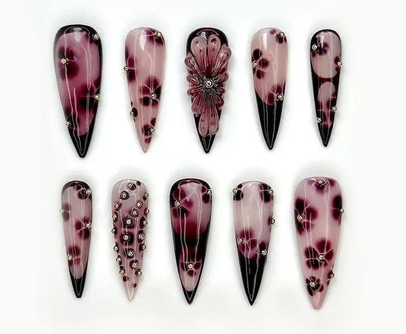 Burgundy Marble Stiletto Press On Nails | Gothic Floral Wine Red Acrylic Nails | Luxury Rhinestone False Nails Set | Stylish Wedding Nails