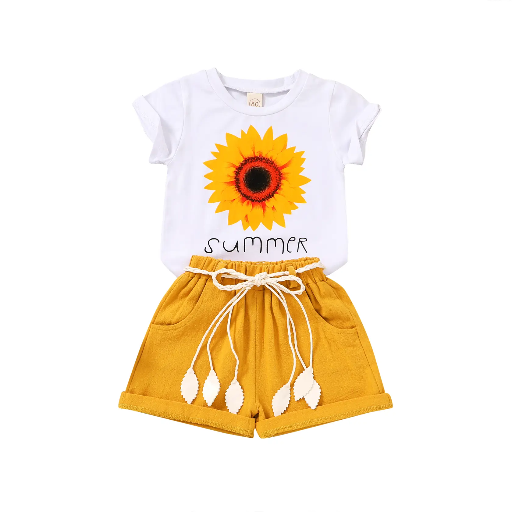 WAMSOBY Girls Clothes T-shirt + Linen Shorts with Belt Cute Summer Short Set