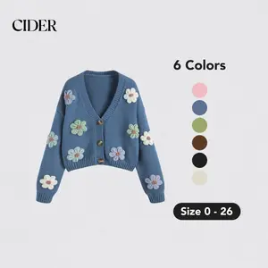 Women's V-neck Flower Button Knit Cardigan, 6 Colors, Size 0-26