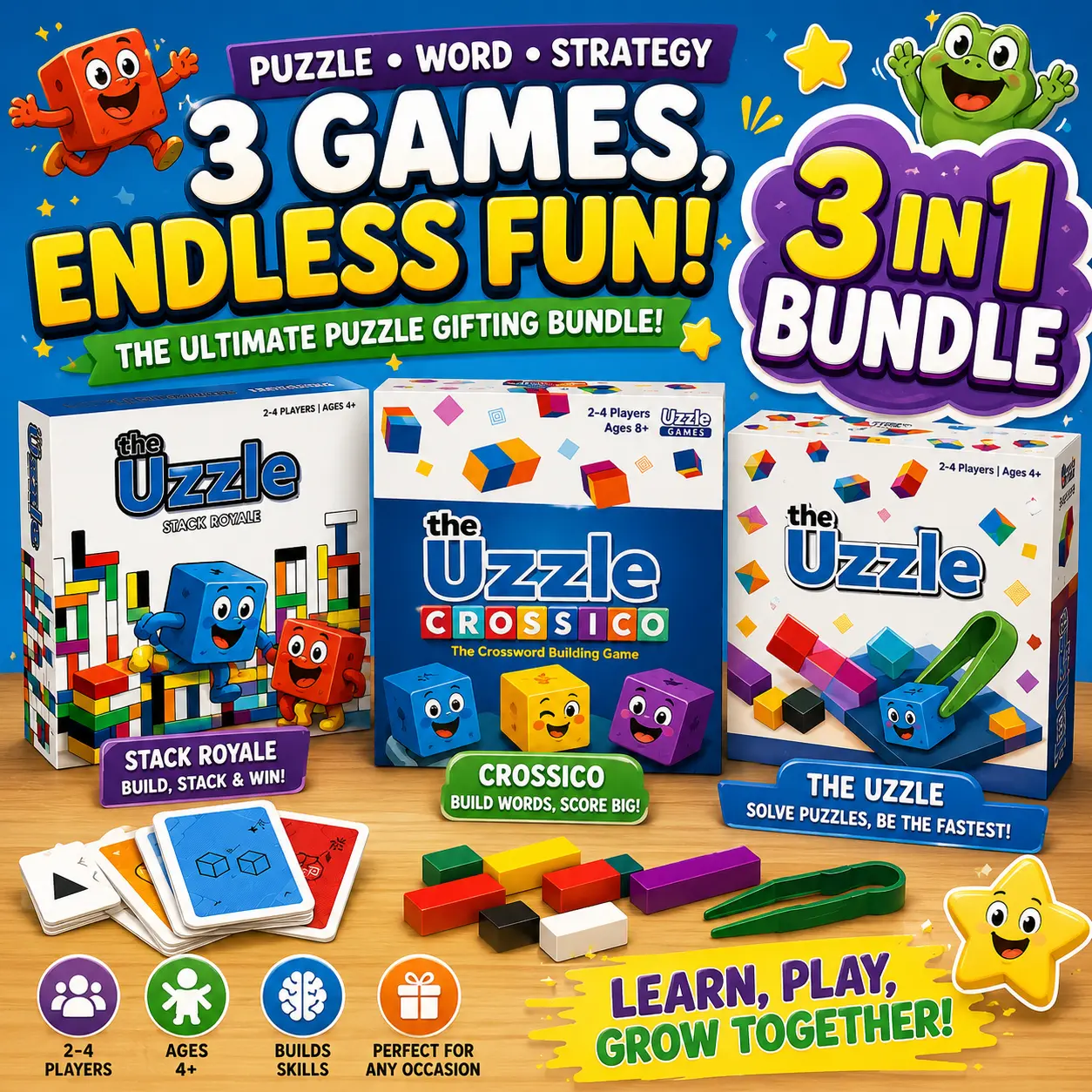 Puzzle Gifting Bundle – The Uzzle, Crossico & Stack Royale Board Games Set | Ages 4+ | Fast Family Puzzle, Word & Strategy Games | Educational Fun 3-in-1 Bundle