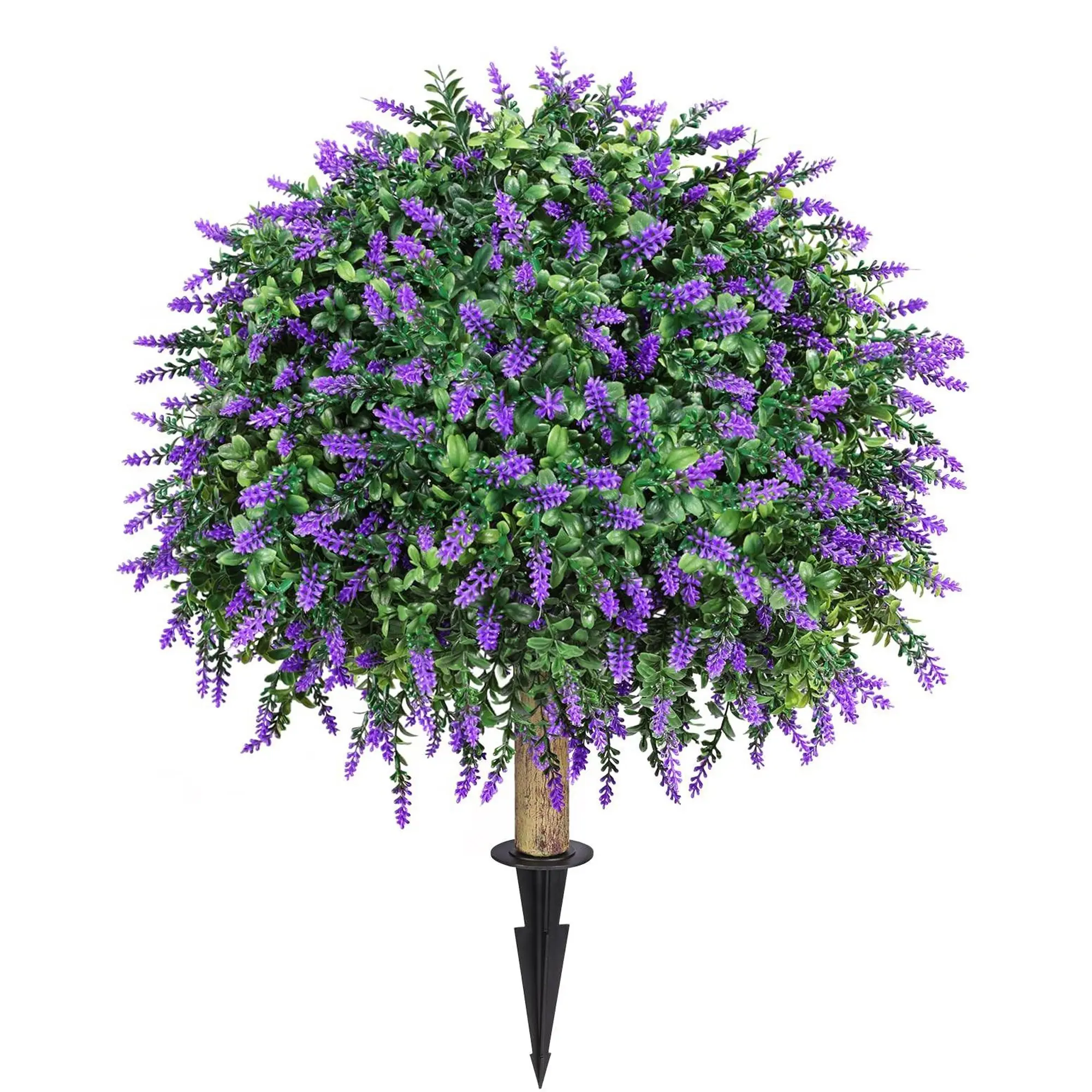 Artificial Boxwood Topiary Ball with Lavender, Set of 1 Artificial Shrub Bushes with Ground Spike, UV Resistant Fake Evergreen Plant Tree for Porch Outdoor Planters Indoor Outdoor Artificial Plants, Fake Plant Decoration