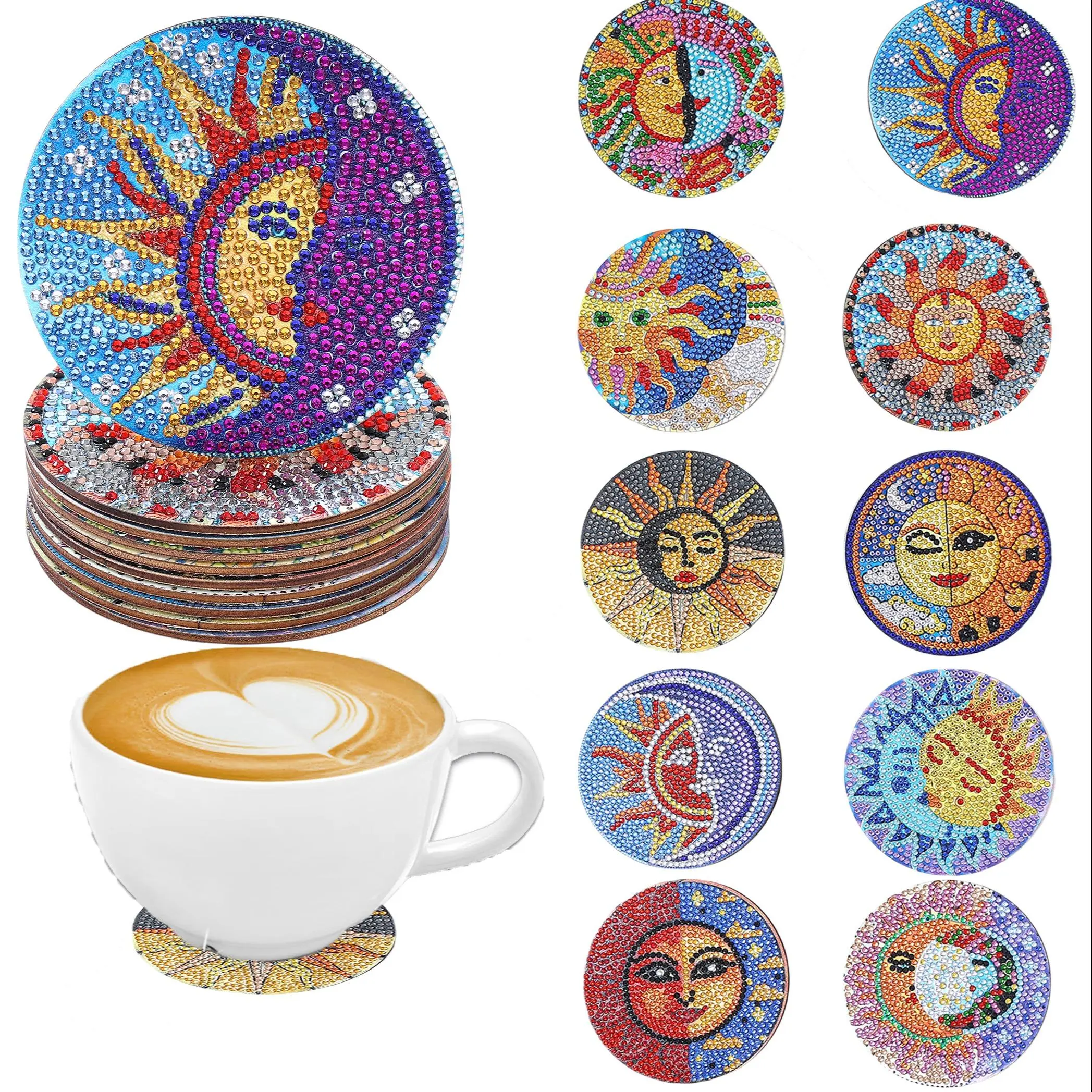 DIY Diamond Arts Colorful Painting Coaster, Diamond Painting Coasters, 10pcs DIY Decorative Wooden Coasters for Home Kitchen Office Desk, Desk Accessories