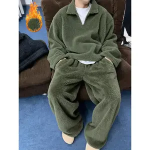 Premium Thermal Moss Green Teddy Fleece Tracksuit Set, Heavyweight Winter Pajamas with Drop Shoulder Polo & Relaxed Pants, High-Quality Comfy Outfit for Travel and Chill, Loungewear
