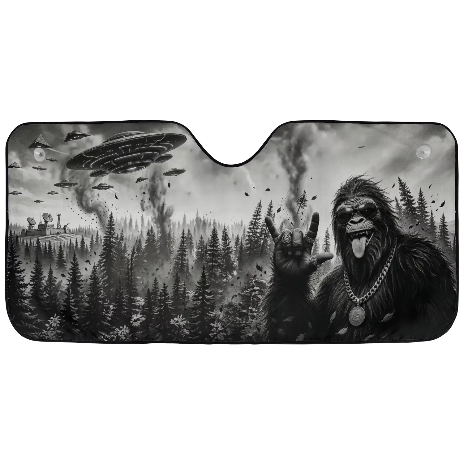 Funny UFO Bigfoot Car Sunshade - Animal Lovers Sasquatch Alien Windshield Sun Shade