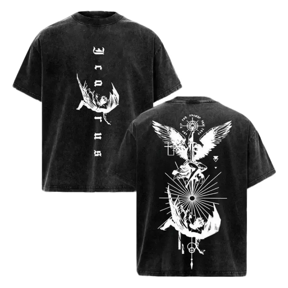 Women's Short-Sleeve Casual T-Shirt, Icarus Graphic Vintage Washed Gothic Angel Tee, Mythology Streetwear Oversized Unisex Cotton Top, Shortsleeve, Tshirt, Loose-Fit, Crew Neck