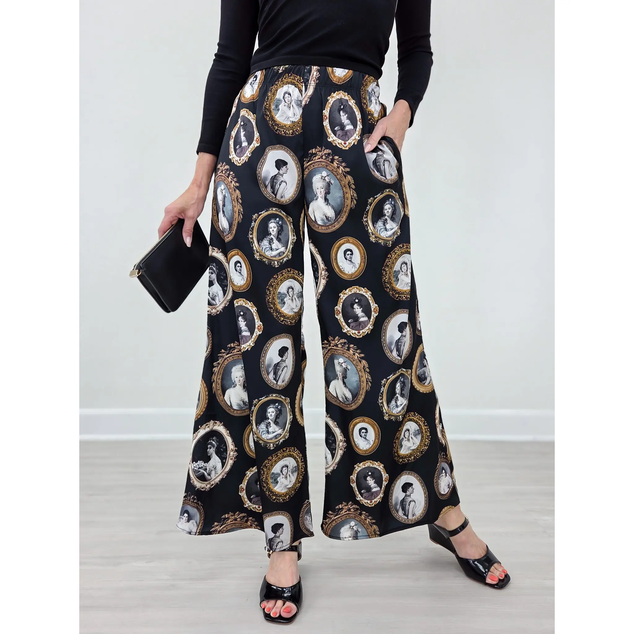 Vintage Portrait Print Wide Leg Pants Plus
