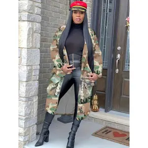 Women's Camo & Letter Print Lapel Trench Coat, Casual Fashion Long Sleeve Open Front Coat for Daily Outdoor Wear, Ladies Clothes for All Seasons, Outerwear��gift��