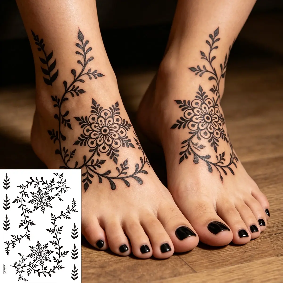 1Pcs Black Lace Henna Temporary Tattoo Stickers, Ephemeral Tattoos, Suitable For Women's Wedding, Festival, Muslim Clothing, Valentine's Day, Date Decoration, Flower