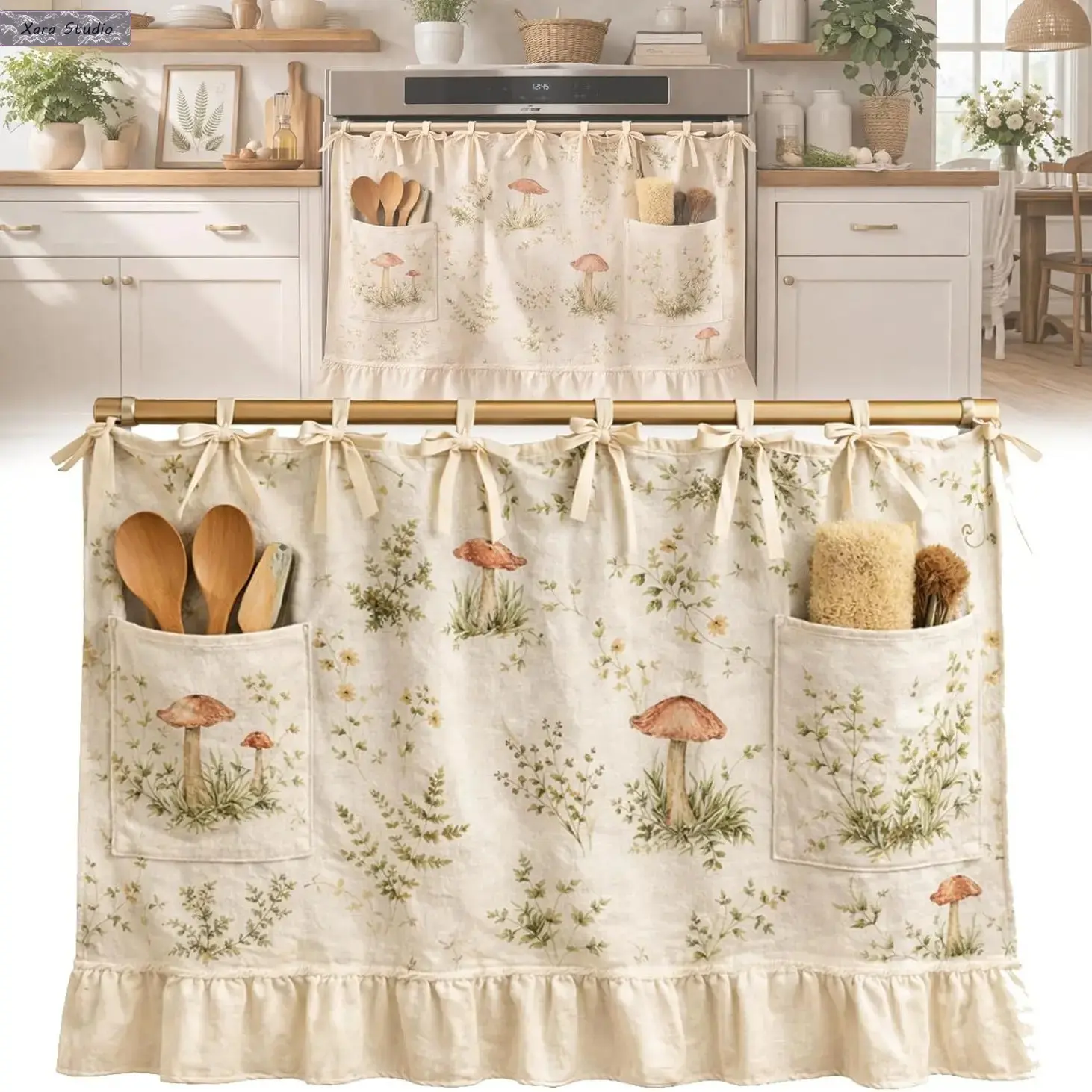 Handmade Ruffled Ribbon-Tied Appliance Skirt Curtain with Built-in Pockets - Dishwasher/Oven/Cabinet Cover, Under Washing Machine Fit, Farmhouse Home Lovers' Gift, Kitchen Organization & Cleaning Accessory, Dishwasher Covers