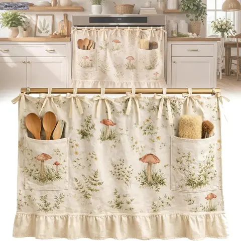 Handmade Ruffled Ribbon-Tied Fiberglass Appliance Skirt Curtain with Built-in Pockets - Dishwasher Covers, Flexible Ties, Easy Fit, Kitchen Organization, Fits Under Dishwasher, All-Purpose Cover, Rustic Farmhouse Laundry Room Decor, Home Goods