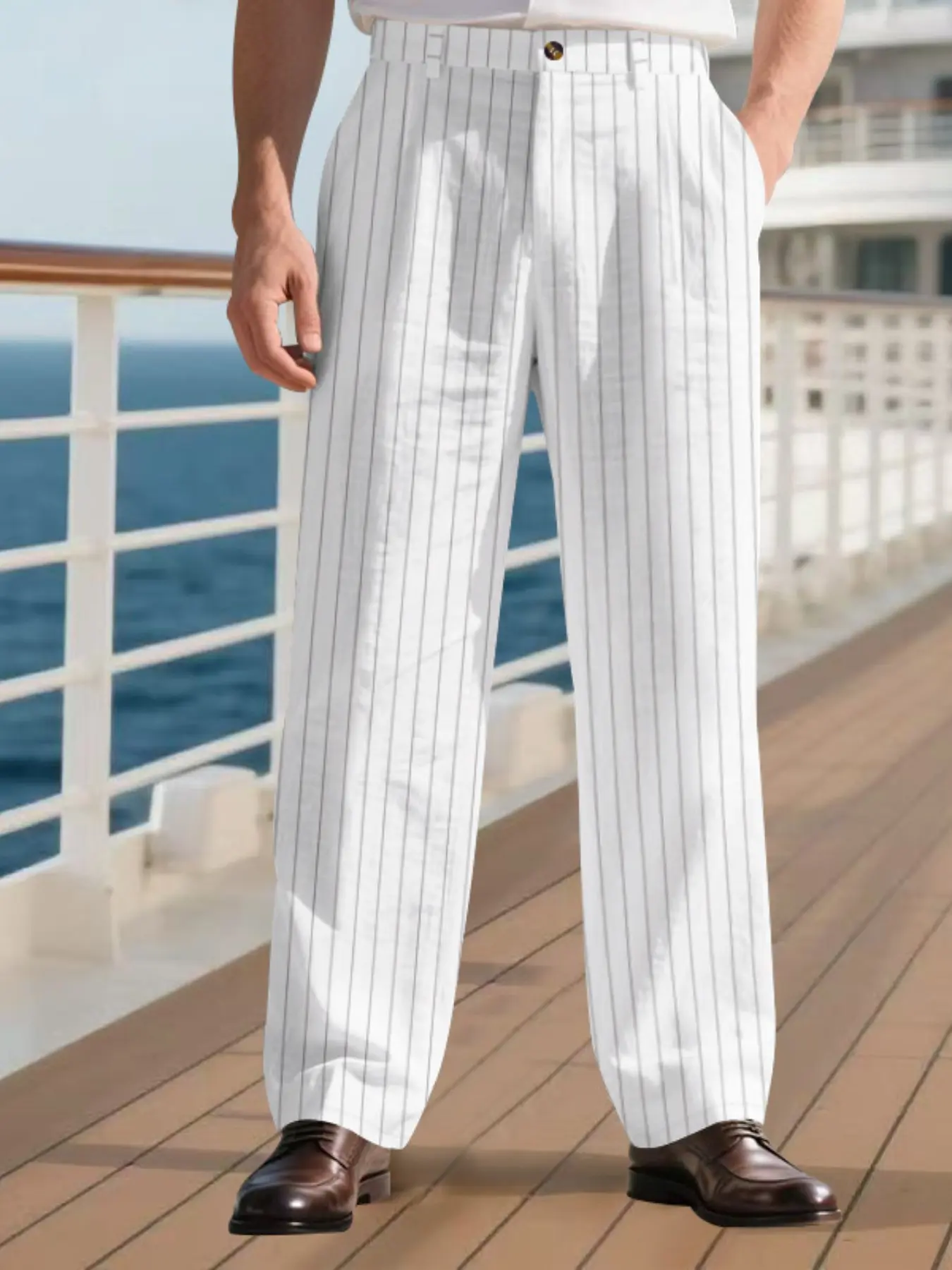 Men's Striped Casual Pants, Casual Business Trousers, Fine Vertical Stripe Fabric, Straight Leg Cut, Anti-Wrinkle Drape Texture, Spring & Fall Commuter Wear, All Season Trousers