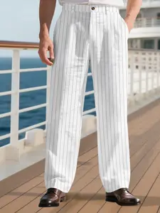 Men's Striped Casual Pants, Casual Comfy Loose, Fine Vertical Stripe Fabric, Straight Leg Cut, Anti-Wrinkle Drape Texture, Spring & Fall Commuter Wear